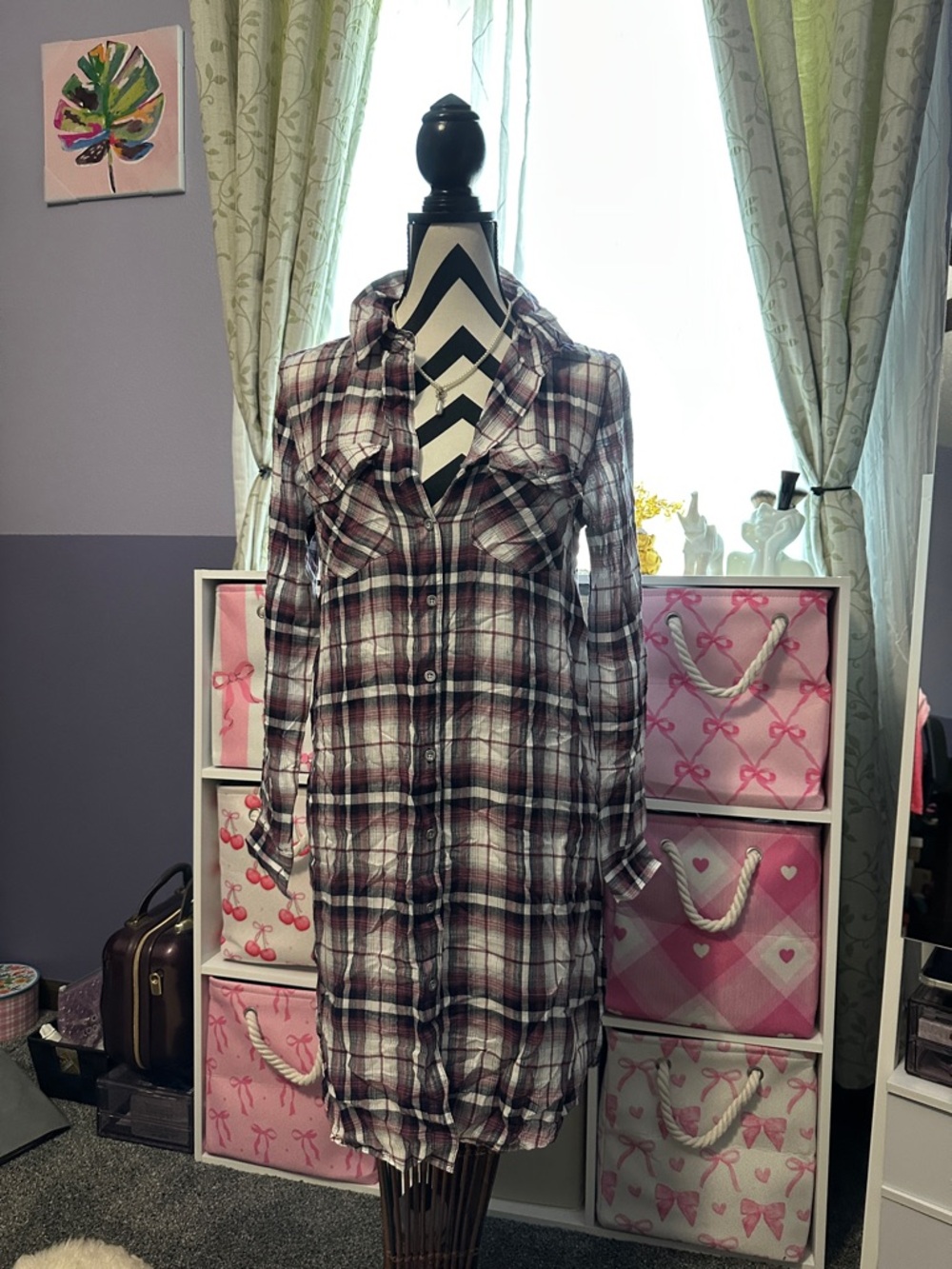 Índigo thread co.Long Plaid Button-Up Shirt Dress in Burgundy and White S